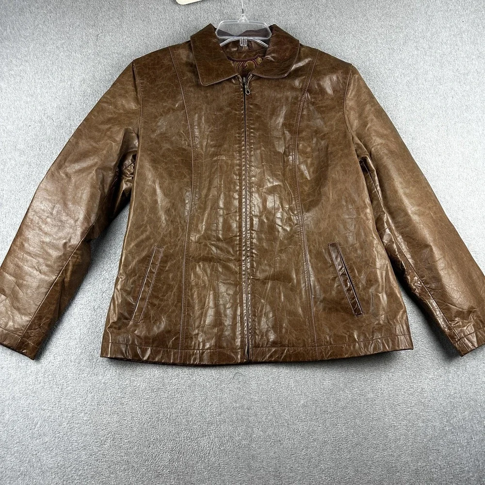 Wilsons Leather Jacket Womens Large Brown Zip Paisley Lining Collar Pockets - Picture 1 of 11
